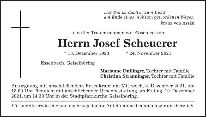 Traueranzeige Josef Scheuerer