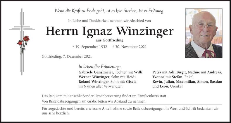Traueranzeige Ignaz Winzinger