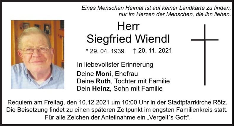 Traueranzeige Siegfried Wiendl