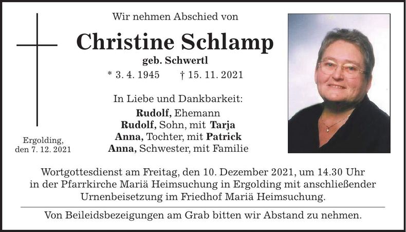 Traueranzeige Christine Schlamp
