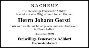 Traueranzeige Johann Gerstl