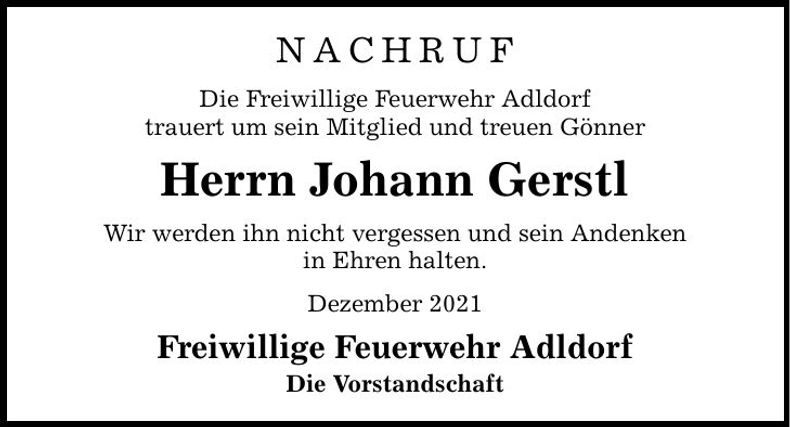 Traueranzeige Johann Gerstl