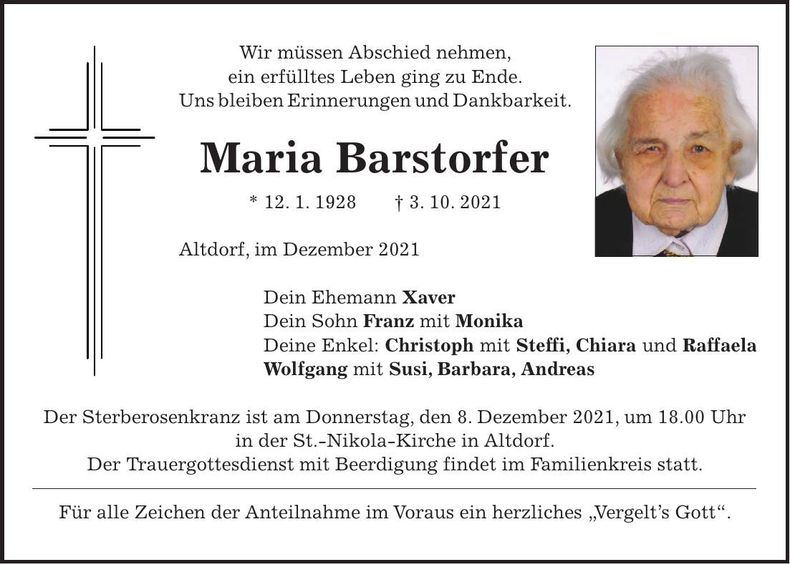 Traueranzeige Maria Barstofer