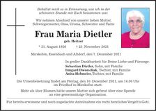Traueranzeige Maria Dietler