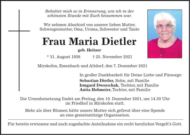 Traueranzeige Maria Dietler