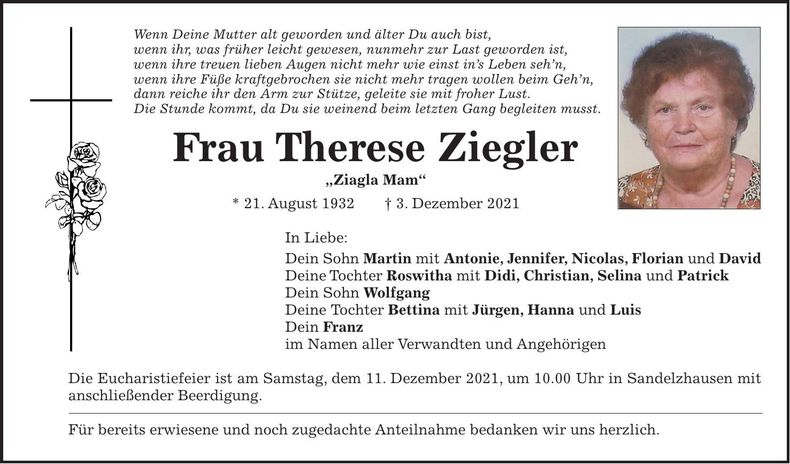 Traueranzeige Therese Ziegler