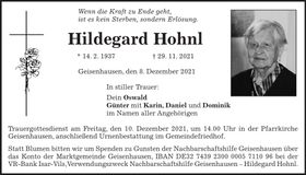 Traueranzeige Hildegard Hohnl