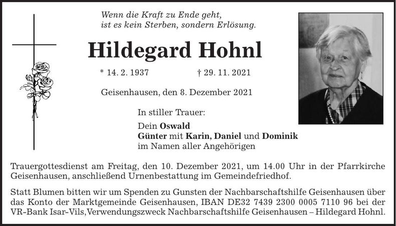 Traueranzeige Hildegard Hohnl