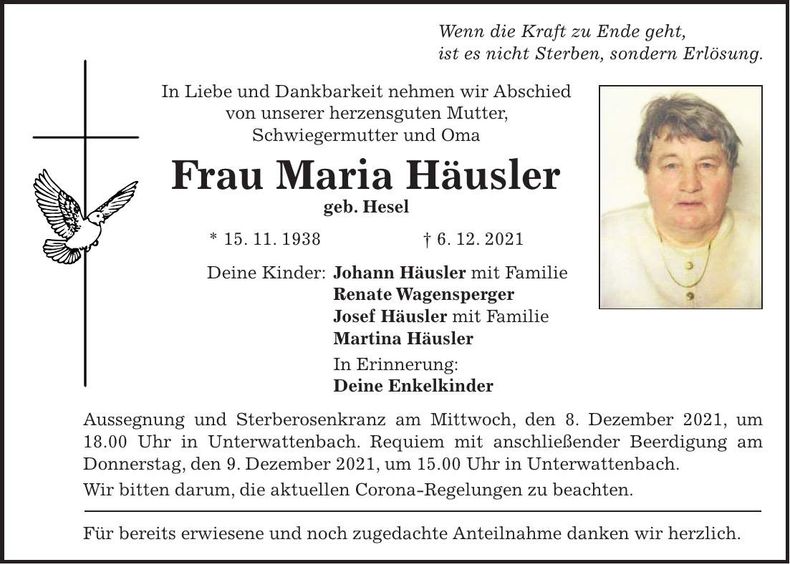 Traueranzeige Maria Häusler