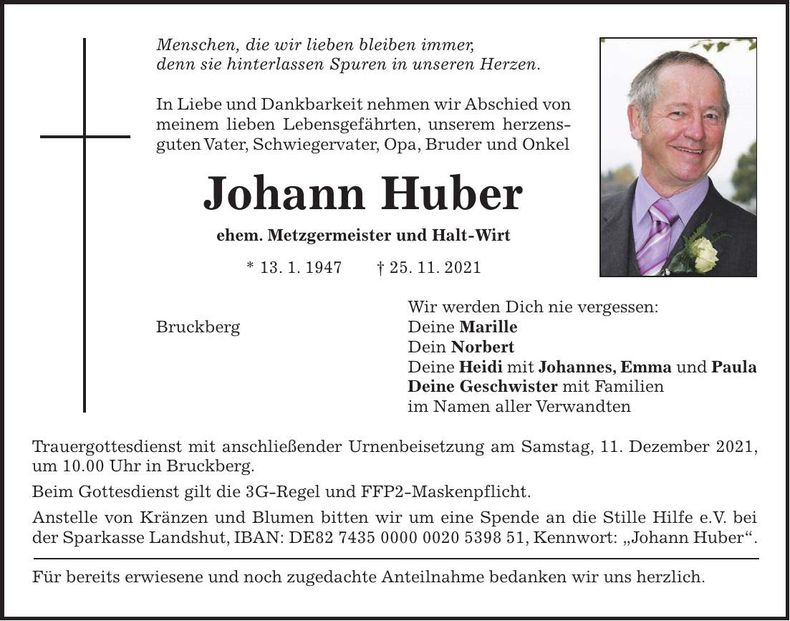 Traueranzeige Johann Huber
