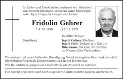 Traueranzeige Fridolin Gehrer
