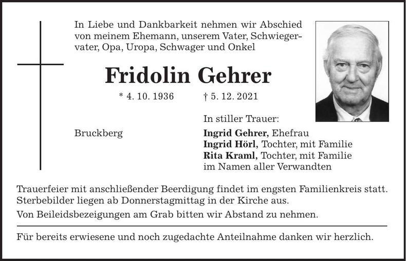 Traueranzeige Fridolin Gehrer