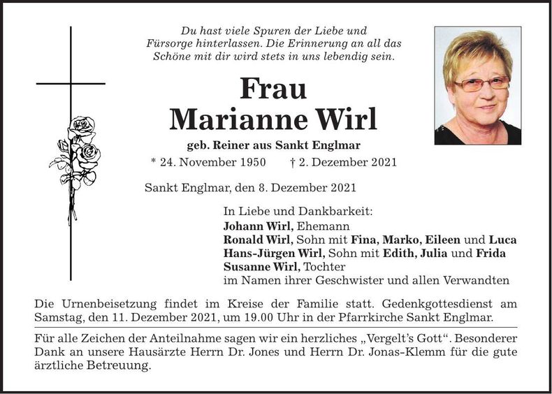 Traueranzeige Marianne Wirl