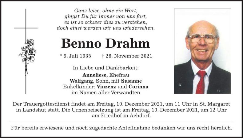 Traueranzeige Benno Drahm
