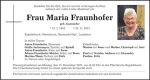 Traueranzeige Maria Fraunhofer