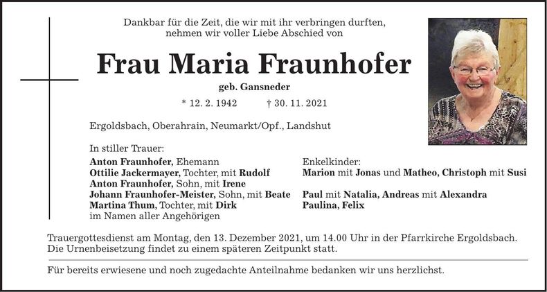 Traueranzeige Maria Fraunhofer