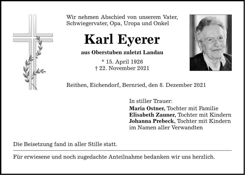 Traueranzeige Karl Eyerer