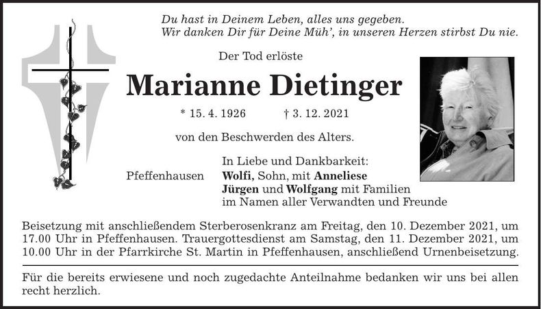 Traueranzeige Marianne Dietinger