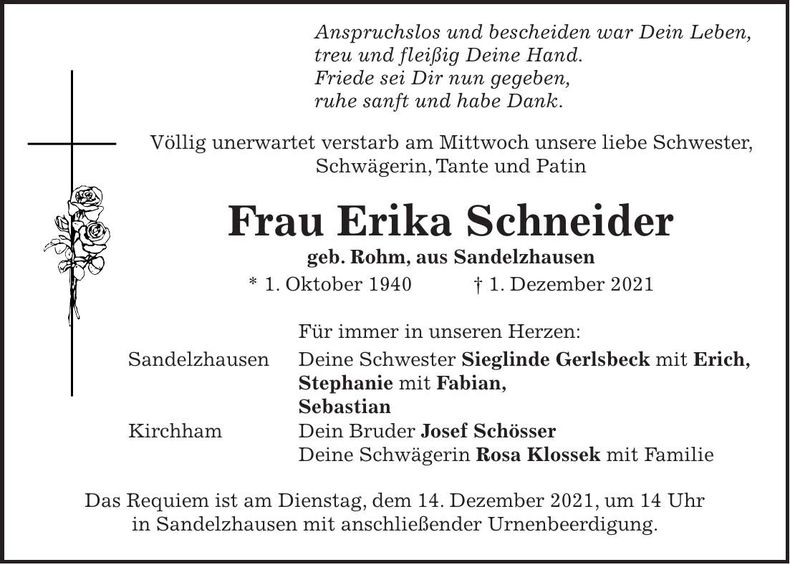 Traueranzeige Erika Schneider