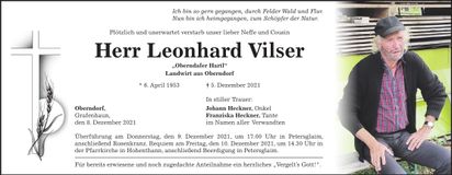 Traueranzeige Leonhard Vilser