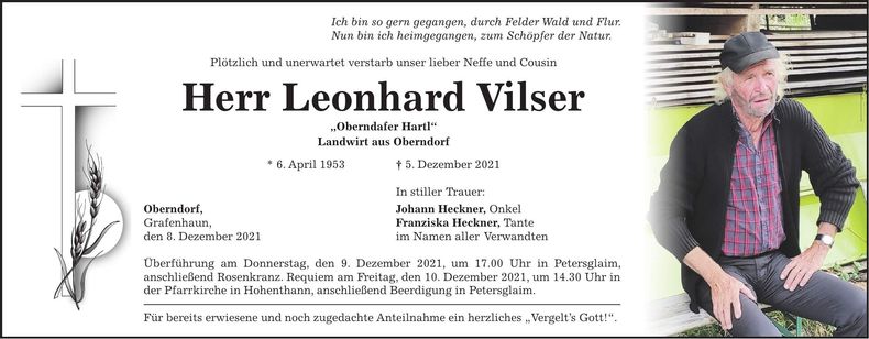 Traueranzeige Leonhard Vilser