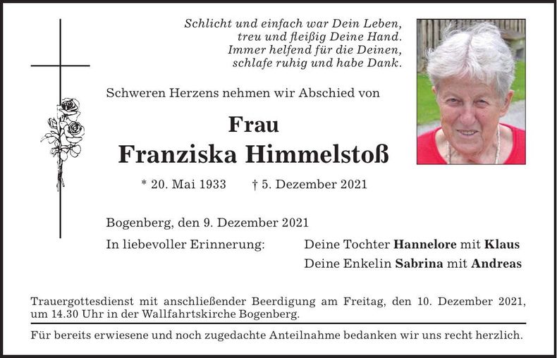 Traueranzeige Franziska Himmelstoß