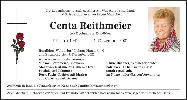 Traueranzeige Centa Reithmeier
