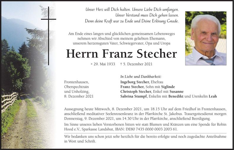 Traueranzeige Franz Stecher