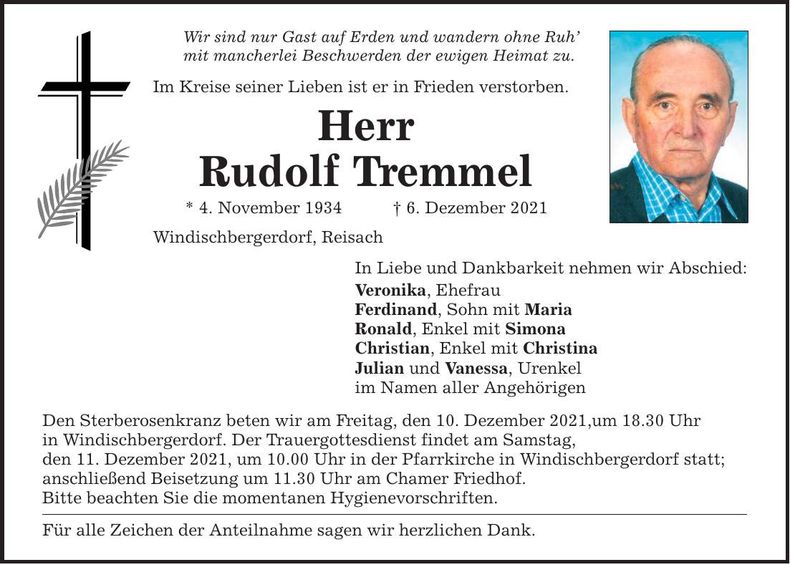 Traueranzeige Rudolf Tremmel