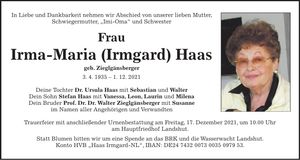 Traueranzeige Irma-Maria Haas