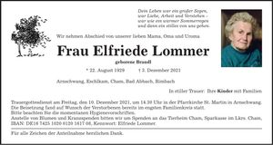 Traueranzeige Elfriede Lommer