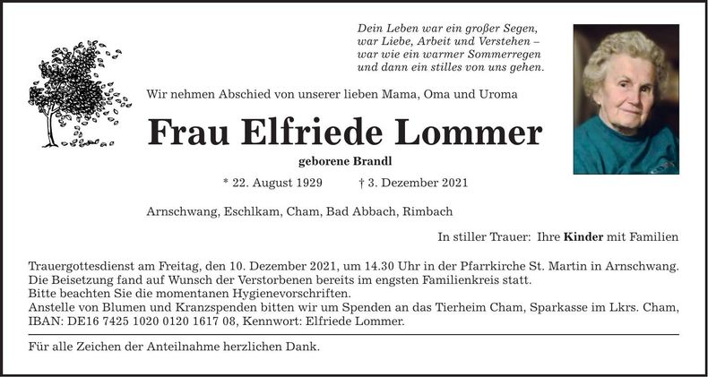 Traueranzeige Elfriede Lommer