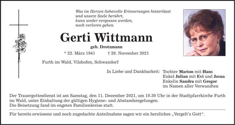 Traueranzeige Gerti Wittmann