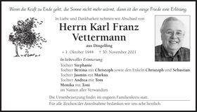 Traueranzeige Karl Franz Vettermann