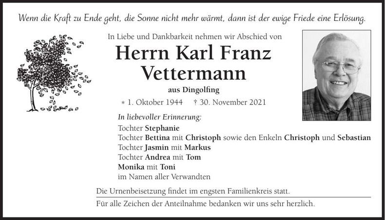 Traueranzeige Karl Franz Vettermann