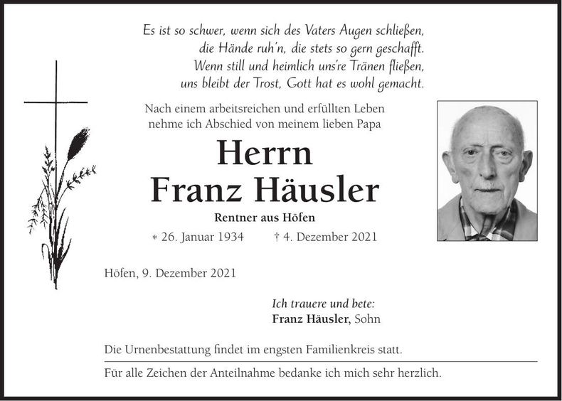 Traueranzeige Franz Häusler