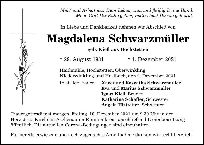Traueranzeige Magdalena Schwarzmüller