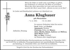 Traueranzeige Anna Klugbauer