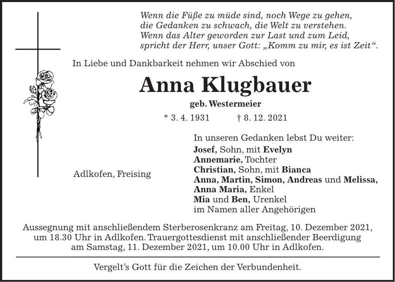 Traueranzeige Anna Klugbauer