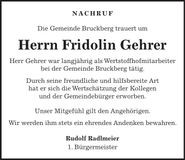 Traueranzeige Fridolin Gehrer