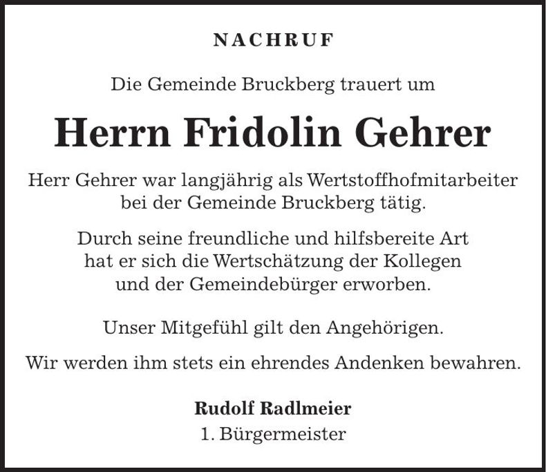Traueranzeige Fridolin Gehrer