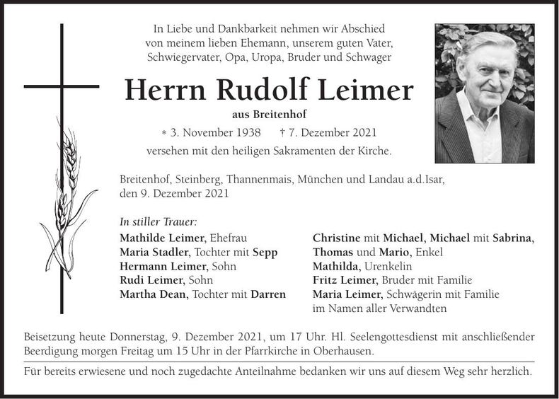 Traueranzeige Rudolf Leimer