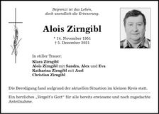 Traueranzeige Alois Zirngibl