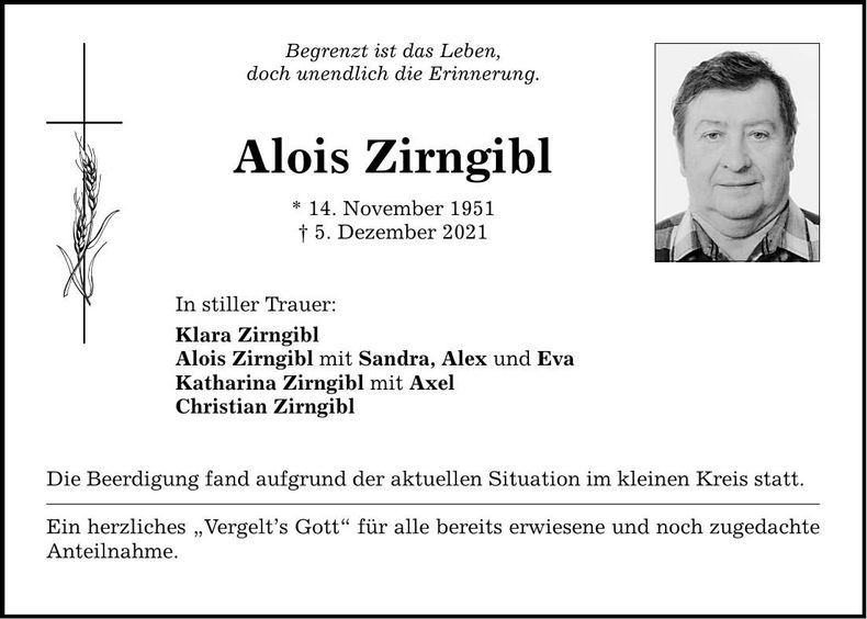 Traueranzeige Alois Zirngibl