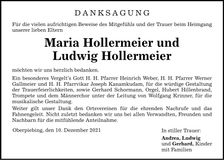 Traueranzeige Maria Hollermeier