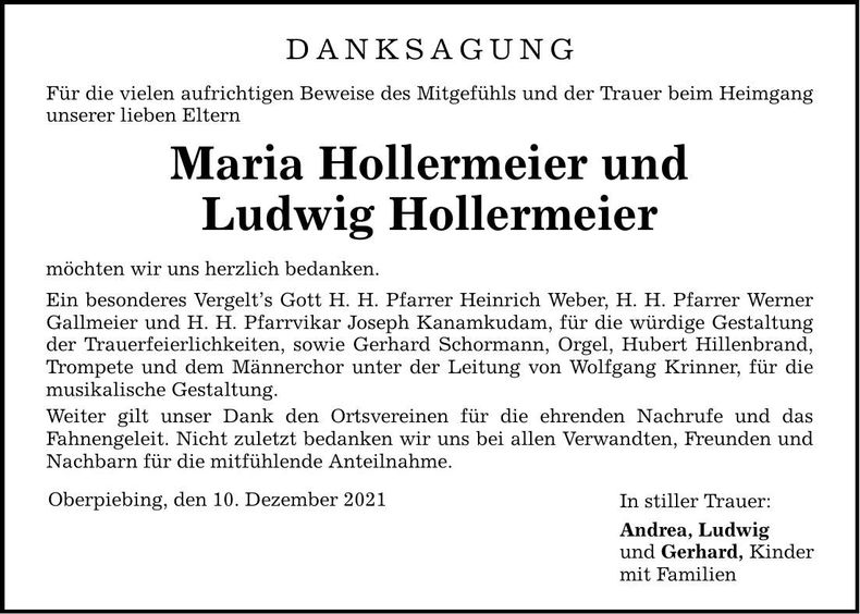 Traueranzeige Maria Hollermeier