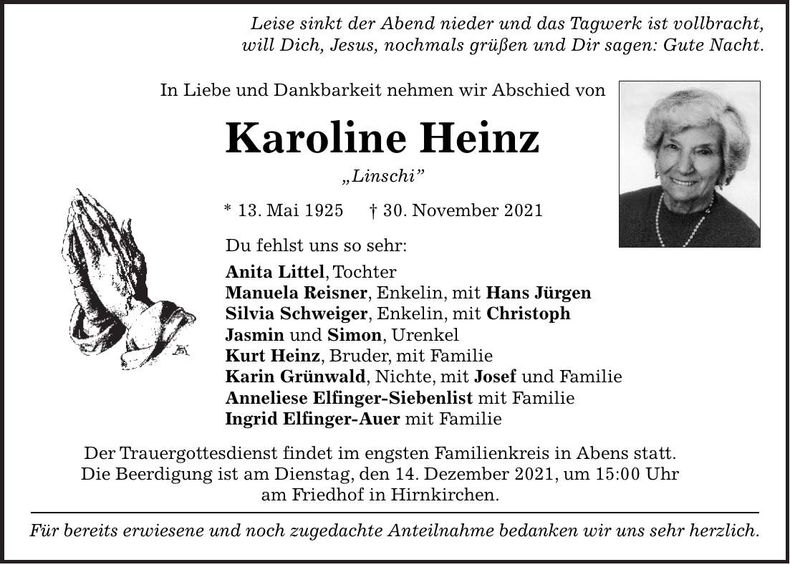 Traueranzeige Karoline Heinz