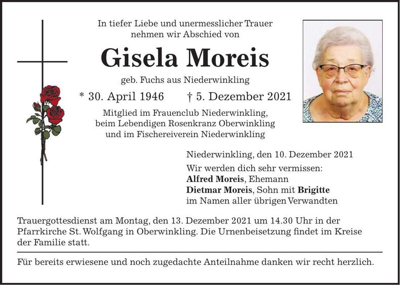 Traueranzeige Gisela Moreis