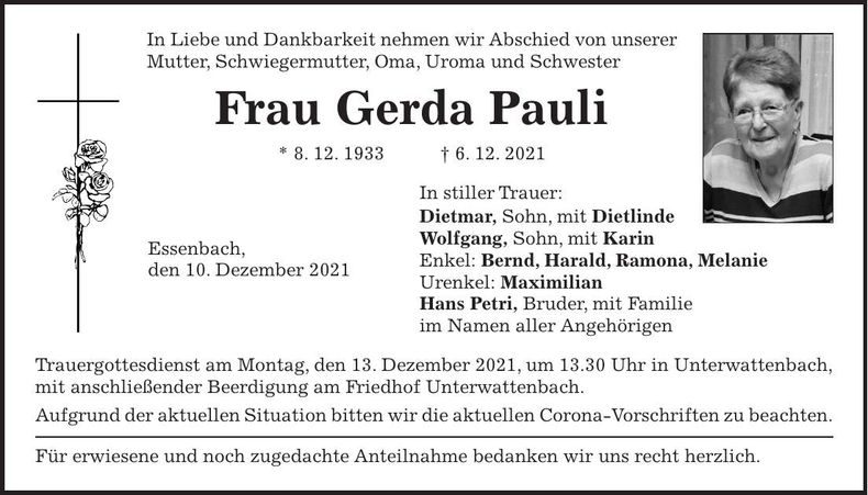 Traueranzeige Gerda Pauli