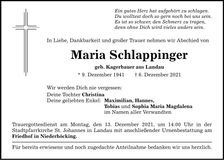 Traueranzeige Maria Schlappinger